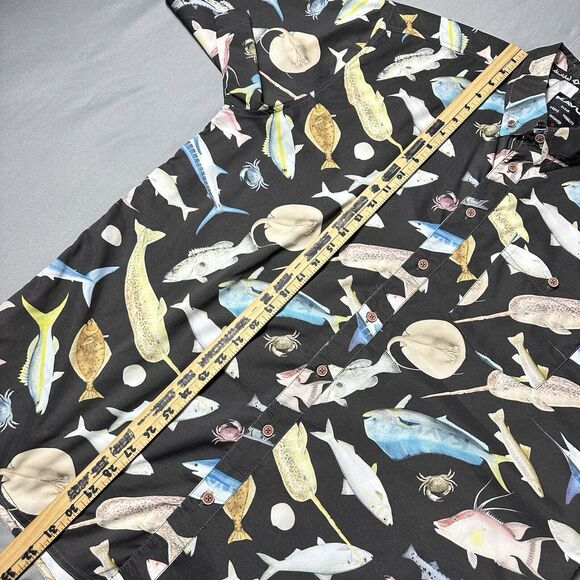 KAVU Shirt Men XXL Black Fish Marine Life Stretch Casual Outdoor AOP - Picture 4 of 11